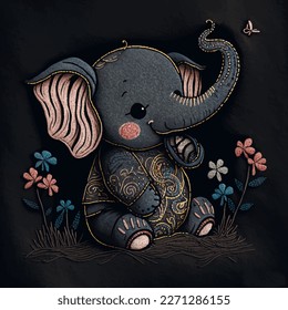 Smililng cartoon elephant. Embroidery textured colorful little elefant with flowers. Tapestry embroidered happy elephant. Vector background illustration. Design for card, prints, diy, applique, decor.