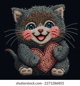 Kätzchen mit Liebe zum Herzen schmücken. Stickereien strukturierten farbenfrohen Kätzchen mit blauen Augen. Helle Tapestry glückliche Katze mit Liebe Herz. Stickereien, Vektorhintergrund. Design für Karte, Drucke