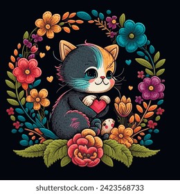 Smililng kitten with love heart and flowers. Embroidery textured colorful cute kitten. Bright tapestry stitching lines happy cat. Embroidered decorative beautiful vector background illustration.