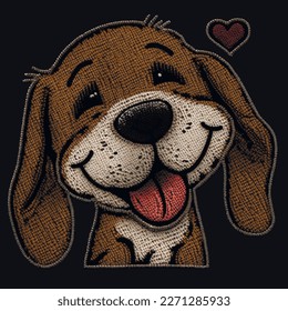 Smililng puppy with love heart. Embroidery textured colorful dog. Tapestry happy puppy with love heart. Embroidered vector background illustration. Design for card, prints, diy, applique.