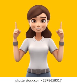 Smiling 3d cartoon woman student posing with pointing forefinger up direction realistic vector