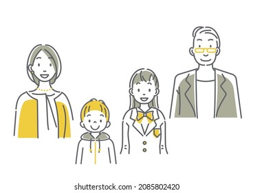 smiling 4 people family, line art illustration