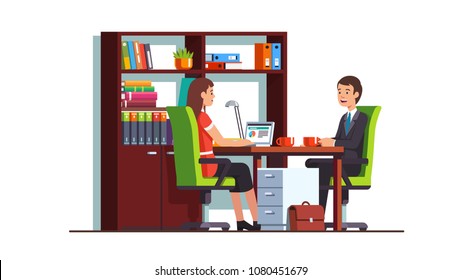 Smiling accountant clerk or lawyer woman meeting customer business man in office room. Business workplace interior design with desk, laptop computer, two chairs and bookcase. Flat vector illustration