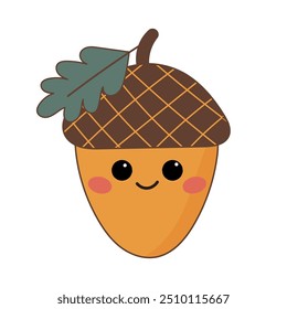 Smiling Acorn Character Art with Green Leaf Cute Autumn Design for Children's Projects Flat Isolated.