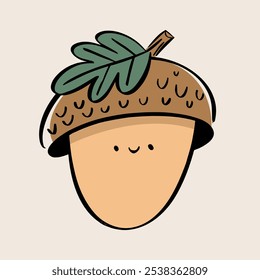 Smiling Acorn Character Art with Green Leaf Cute Autumn Design for Children's Projects Flat Isolated.