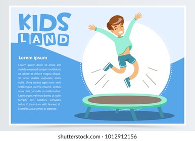 Smiling active boy jumping on trampoline, kids land banner flat vector element for website or mobile app