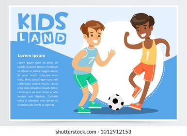Smiling active boy playing soccer, kids land banner flat vector element for website or mobile app
