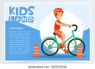 Smiling active boy riding bicycle, kids land banner flat vector element for website or mobile app