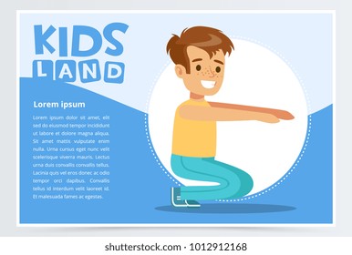 Smiling active boy squatting, kids land banner flat vector element for website or mobile app