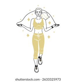 A smiling, active woman in sports clothes jumps rope. Sports and a healthy lifestyle. Home fitness. Vector black and white hand-drawn doodle illustration