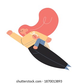 Smiling active young red haired woman mother flying as superhero