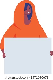 Smiling activist holding a blank placard, preparing for a demonstration advocating for equal rights and social justice, radiates confidence and determination in a vibrant orange hoodie