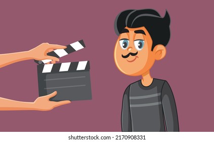 
Smiling Actor Filming a Motion Picture Vector Cartoon Illustration. Retro heartthrob cinema star acting in a scene flirting with the camera
