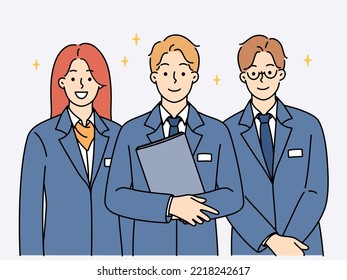 Smiling administration staff in uniform standing together showing unity and leadership. Happy receptionists meet welcome new client. Hotel personnel. Vector illustration. 