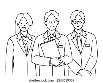 El sonriente personal de la administración uniformado está de pie, mostrando unidad y liderazgo. Los recepcionistas felices se reúnen con un nuevo cliente. Personal de hotel. Ilustración vectorial. 