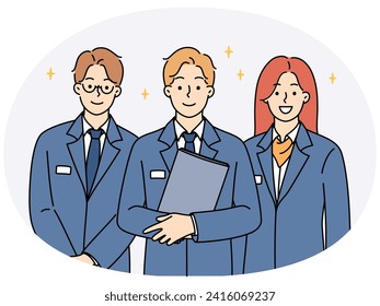 Smiling administration staff in uniform standing together showing unity and leadership. Happy receptionists meet welcome new client. Hotel personnel. Vector illustration.