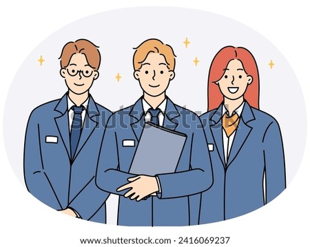 Smiling administration staff in uniform standing together showing unity and leadership. Happy receptionists meet welcome new client. Hotel personnel. Vector illustration.