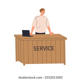 Administrador sonriente de pie detrás de la mesa de servicio, mostrador. Gerente amistoso feliz, saludo del trabajador asistente del hombre, dando la bienvenida en la oficina. Ilustración vectorial plana aislada sobre fondo blanco