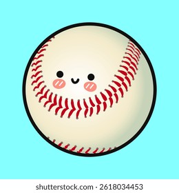 A smiling and adorable Baseball character with rosy cheeks on a light blue backdrop.