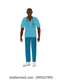Smiling adult African-American doctor, in blue uniform. Vector illustration on white background.