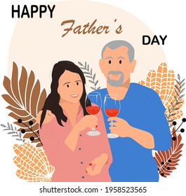 Smiling adult girl drinks wine with her father. Loving grownup adult daughter greeting beloved happy senior dad. Happy father's day vector.