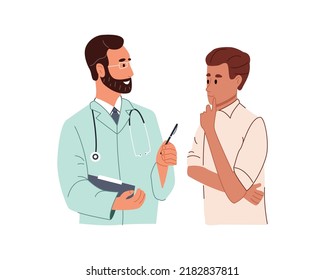 Smiling Adult Male Doctor In Medical Uniform Talking To Young Doubting Male Patient. Man Physician Asking Question And Writing On Tablet. Flat Vector Illustration Isolated On White Background