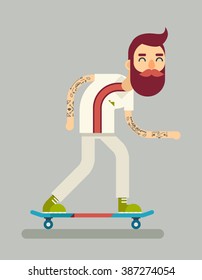 Smiling Adult Man Geek Scooter Happy Hipster Character Ride Skateboard Icon Stylish Background Flat Design Template Vector Illustration