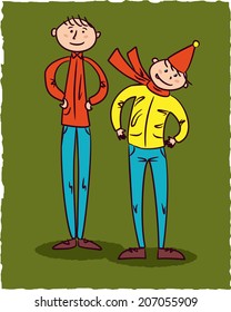 smiling adult man and happy teenage boy on green background
