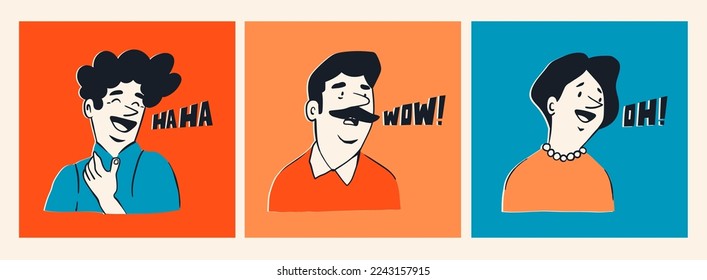 Smiling, affected, amazed and touched people. Facial expression, human emotion concept. Cartoon comic style. Cute funny female and male characters. Hand drawn Vector illustration. Set of three cards