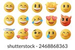 Smiling and Affectionate emojis 3D set. Emoticons big set. Vector icons set. Social media emoji. Emoji faces collection. Funny emoticons faces with facial expressions, UI interface icons