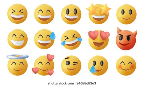 Smiling and Affectionate emojis 3D set. Emoticons big set. Vector icons set. Social media emoji. Emoji faces collection. Funny emoticons faces with facial expressions, UI interface icons