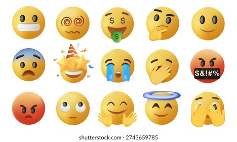 Smiling and Affectionate emojis 3D set. Emoticons big set. Vector icons set. Social media emoji. Emoji faces collection. Funny emoticons faces with facial expressions, UI interface icons Smiling and Affectionate emojis 3D set. Emoticons big set. Vector icons set. Social media emoji. Emoji faces collection. Funny emoticons faces with facial expressions, UI interface icons