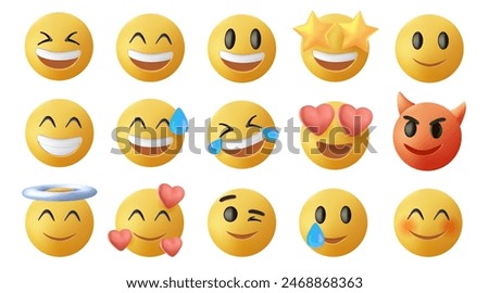 Smiling and Affectionate emojis 3D set. Emoticons big set. Vector icons set. Social media emoji. Emoji faces collection. Funny emoticons faces with facial expressions, UI interface icons