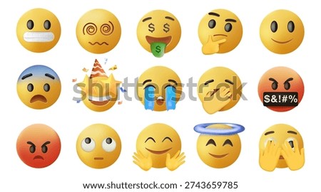 Smiling and Affectionate emojis 3D set. Emoticons big set. Vector icons set. Social media emoji. Emoji faces collection. Funny emoticons faces with facial expressions, UI interface icons