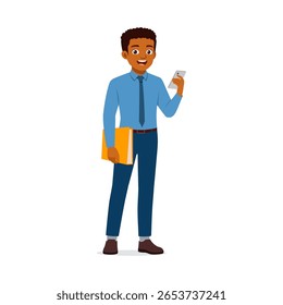 Smiling African American businessman checking his smartphone, holding a file, stands on white
