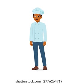 Smiling African American chef man standing in light blue uniform with a friendly happy expression