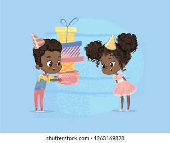 Smiling African American Child Boy Give Girl Birthday Gift Box. Brother Character Give Sister Surprise Present Poster Design. Happy Birth Party Celebration Flat Cartoon Vector Illustration