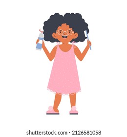 Smiling African American child girl in nightgown standing with toothbrush and toothpaste, flat cartoon vector illustration isolated on white background.