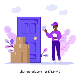 Smiling african american courier rings the door of the house. Express delivery of packages, goods to the home. Parcels delivery service. flat design cartoon style. Online delivery