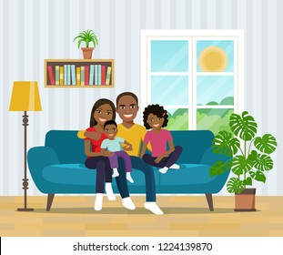 Smiling african american family  on sofa in the living room. Vector flat illustration