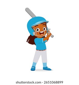 Smiling African American Girl in Blue Baseball Helmet Ready to Hit with Bat in Illustration