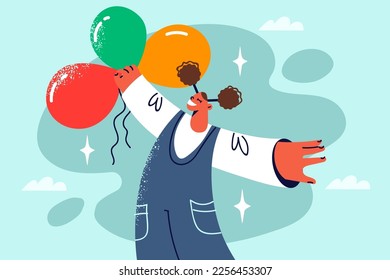 Smiling African American girl child with balloons in hands. Happy black kid holding bunch of balloons enjoy good day. Optimism and good mood. Childhood. Vector illustration. 