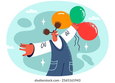 Smiling African American girl child with balloons in hands. Happy black kid holding bunch of balloons enjoy good day. Optimism and good mood. Childhood. Vector illustration.