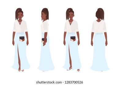 Smiling African American girl dressed in stylish casual clothes. Pretty young woman wearing maxi skirt. Trendy outfit. Female cartoon character isolated on white background. Flat vector illustration.