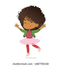 Smiling African American girl happily jump and dance. School girl have fun. The concept is fun and vibrant moments of childhood. Vector illustrations.