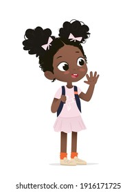 Smiling African American girl happily waving her hand. Surprised school girl have fun. Vector illustrations