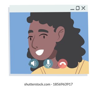 Smiling African American Girl Having Video Call, People Talking to Each Other on Computer Screen, Conference Video Call, Working from Home, Social Distancing Vector Illustration