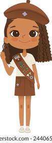 Smiling African American girl scout wearing sash with badges isolated on white background. Female scouter, Brownie ligue Scout Girls troop