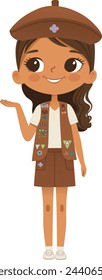 Smiling African American girl scout wearing sash with badges isolated on white background. Female scouter, Brownie ligue Scout Girls troop