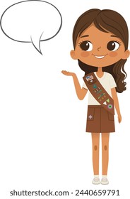 Smiling African American girl scout wearing sash with badges isolated on white background. Female scouter, Brownie ligue Scout Girls troop